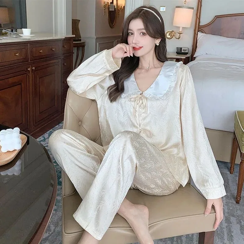 Women Silk Pajamas Spring Autumn New Female Sexy Ice Silk Long Sleeve Homewear Suit Loose Large Size Casual Nightclothes Sets