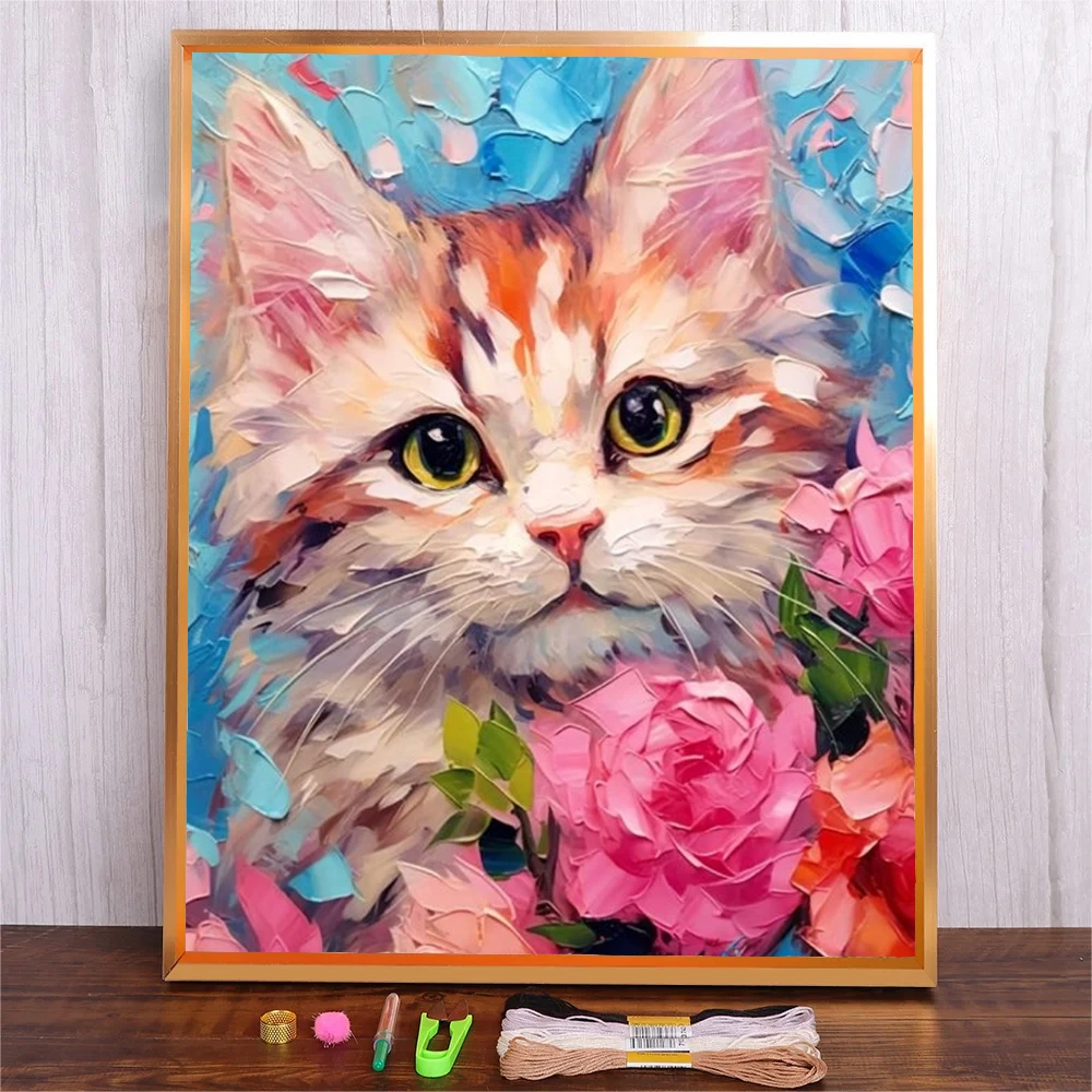 

DIY Flower Cat Pattern Printed Embroidery Kit Adults Cross Stitch Needlework Handmade Sewing Art Craft Home Decor Living Room