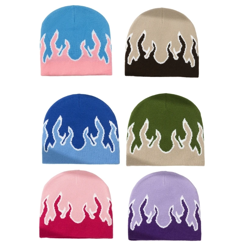 

L93F Women Beanie Hats Warm Ear Protector Hat Teens Flame Pattern Handmade Hat