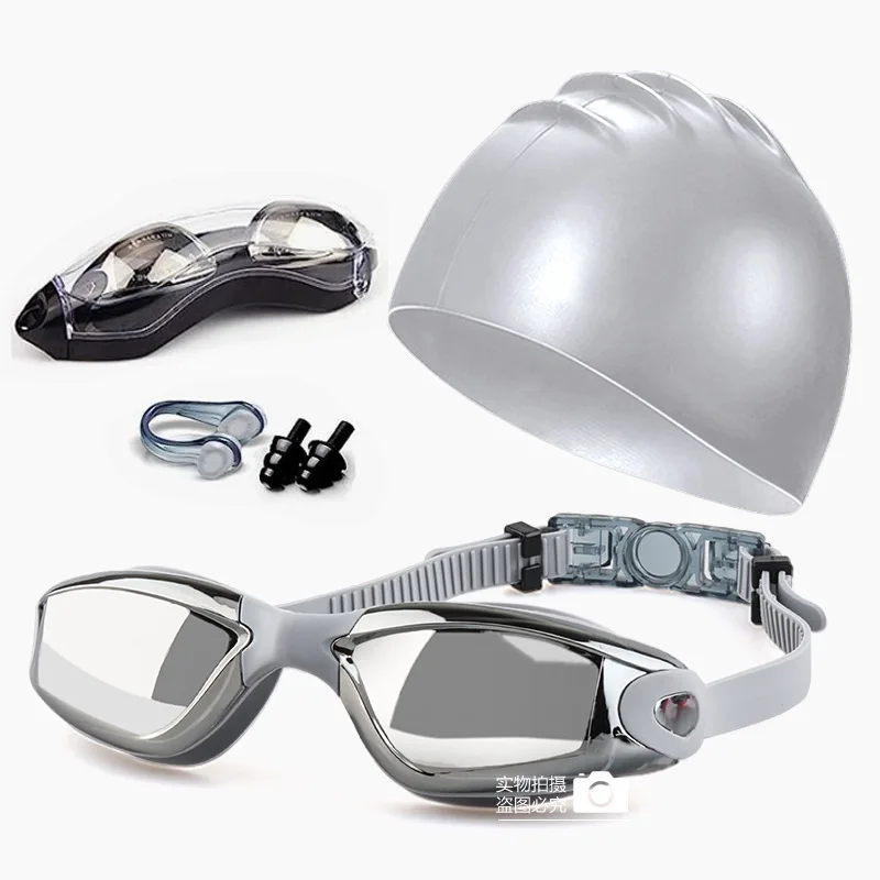 4 adult swimming high-definition anti fog electroplated swimming goggles, waterproof silicone nose clip earplugs, caps