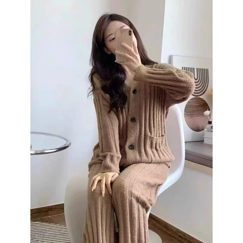 

Korean Style Advanced Plush Knitted Long Sleeve Pajamas Female Winter New Thickening for Warmth Trousers House Suit Solid Color
