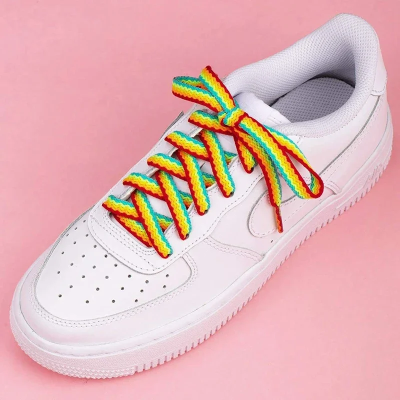 1 Paar klassische hohle gewebte Schnürsenkel Regenbogen bunte Schnürsenkel Off Sneaker weiße Schnürsenkel für AJ/AF Stitching Creative String – Detail 5