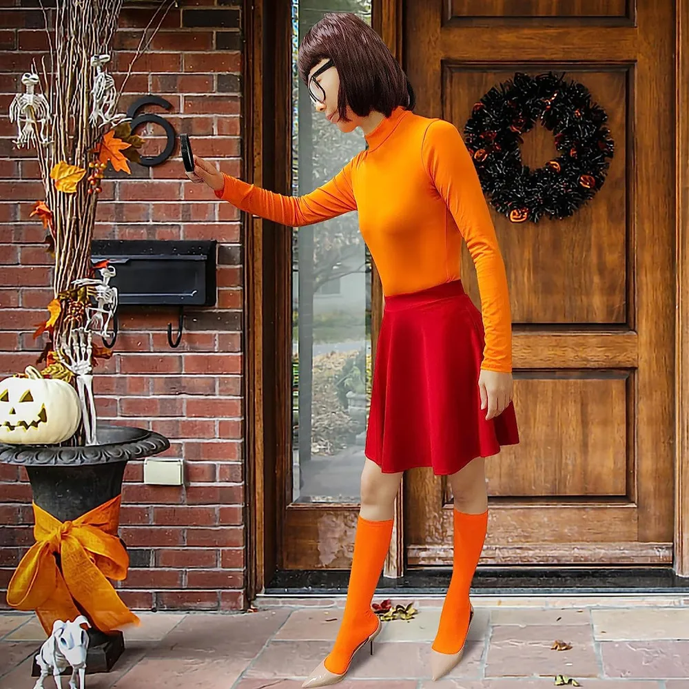 Velma Cosplay Uniform Anime Woman Orange Top Skirt Socks Halloween