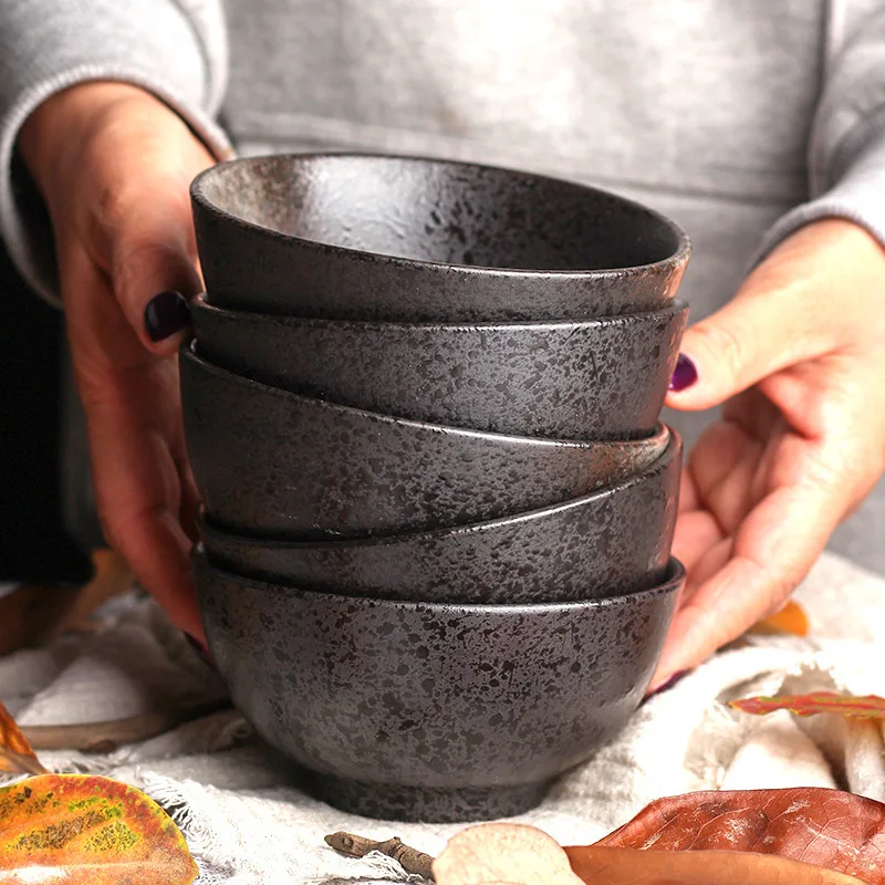 

Creative retro coarse pottery Japanese tableware ceramic bowl black personalized small bowl high foot porcelain bowl rice bowl