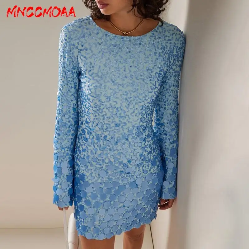 

MNCCMOAA-Women's Slim Flare Sleeve Sequined Midi Dress, Elegance Party Dresses, High Quality, New Designer Fashion, 2024