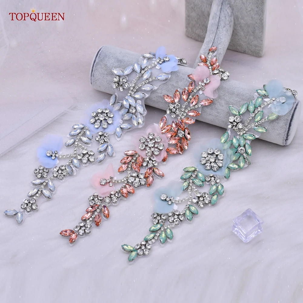 TOPQUEEN S419 Handmade Applique Patches Colorful Flowers Rhinestones Bride Women DIY Sew On Dress Clothes Accessories Decoration