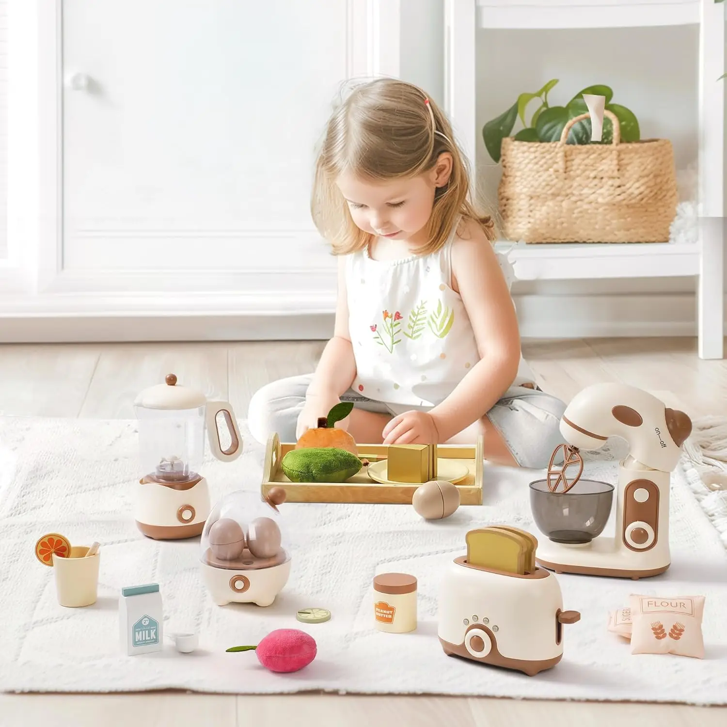 Robud Kids Toy Kitchen Set Wooden Play Kitchen Appliances with Toaster Mixer Blender  kitchen Playset for kids 4-Set 3