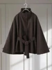 Faux Fur Cloak Jackets Women Loose StandNeck Three Button Wide Sleeves Belt Coats Female 2025 Autumn Solid Chic Fashion Outwears 3
