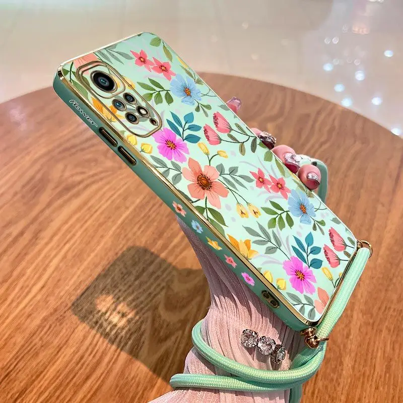 Elegant Floral Plating Phone Case with Lanyard Attachment