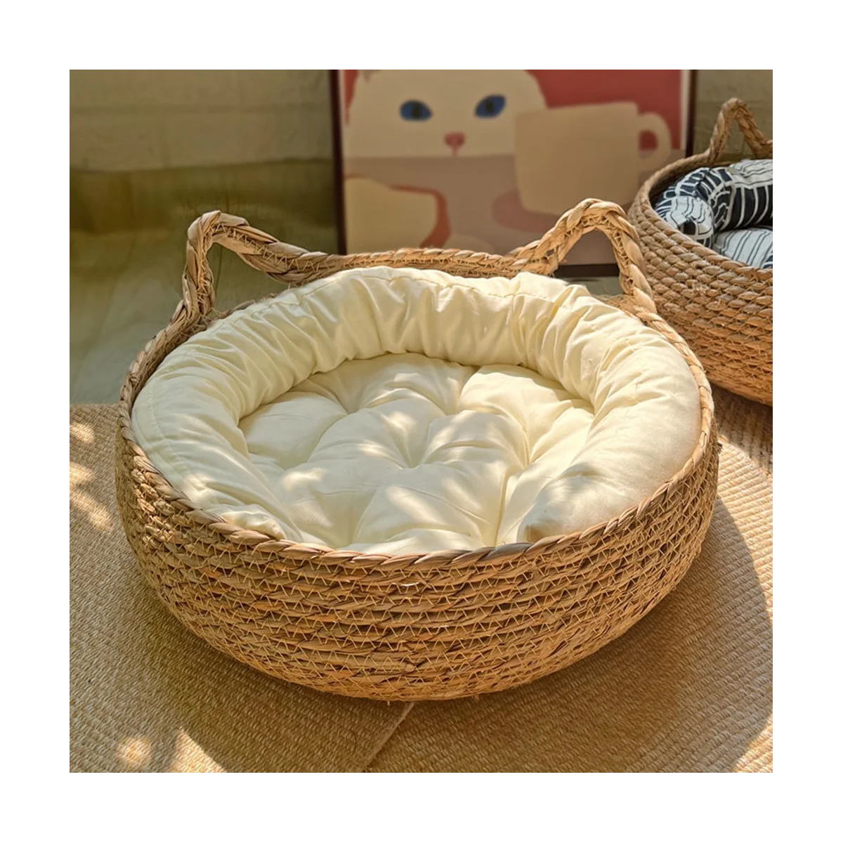 

Cozy Cat Dog Bed Summer Cat Scratching Board Rattan Washable Kitty Litter Cat Supplies Woven Removable Cushion 40cm