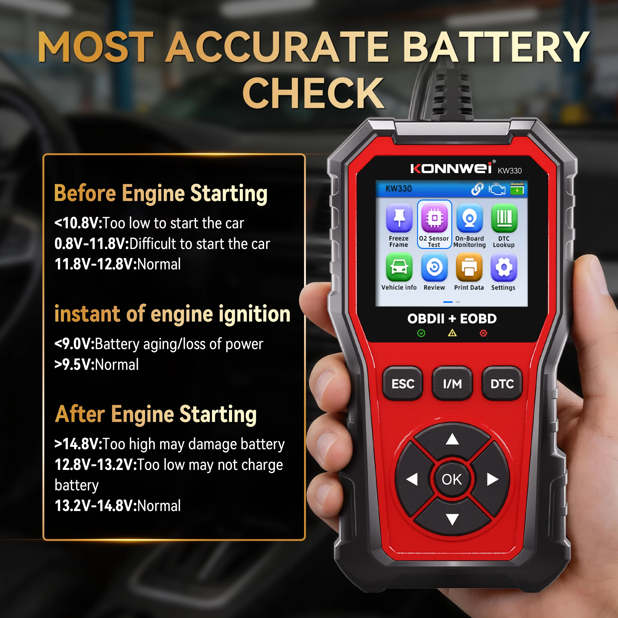 KONNWEI Car OBD2 Diagnostic Tool KW330, Professional Engine Battery Testing Fault Code Erase and Real Time Data Scanner Functions 2026 - Image 3