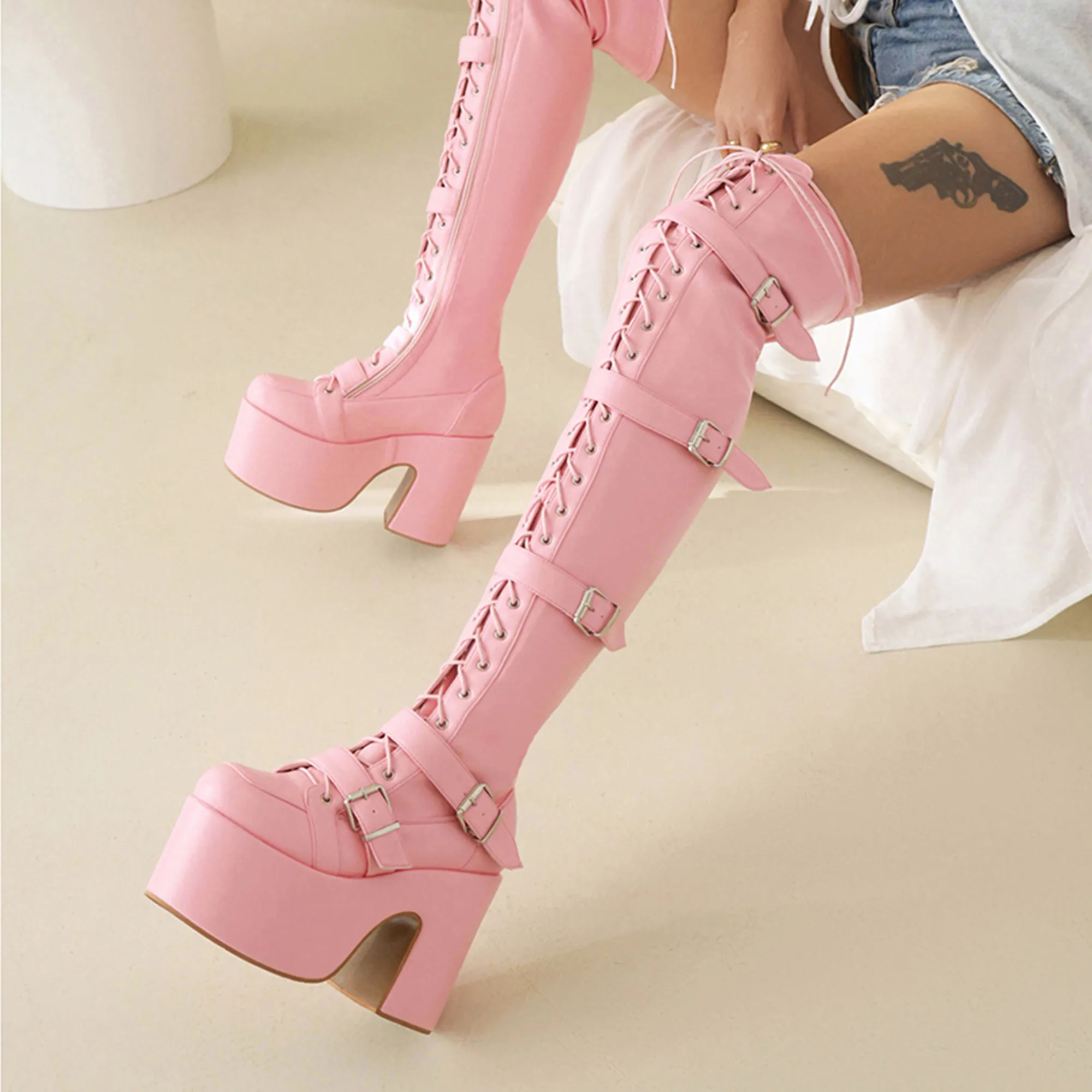 

Motorcycle Boot Plus Size Five Row Belt Buckle Cross Tie Zipper Women's Knee Boot with Super High High Platform Long