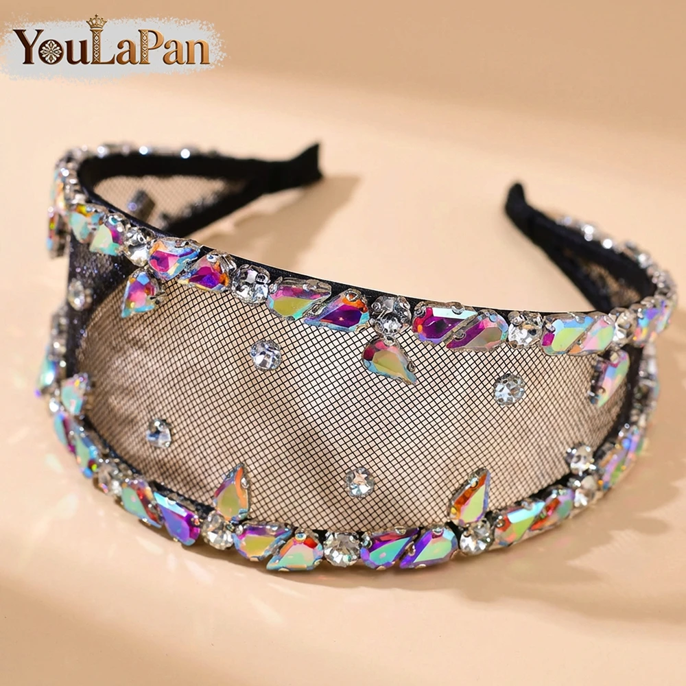 YouLaPan AB 라인스톤 신부 와이드 헤드밴드 블랙 컬러 메쉬 웨딩 헤드 후프 핸드메이드 파티 데일리 헤어 액세서리 A145