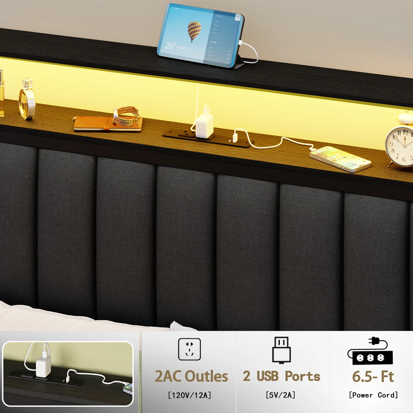 Full/Queen size bed frame with charging station, LED bed frame, headboard with frame, platform bed frame, soft cushion bed frame 6