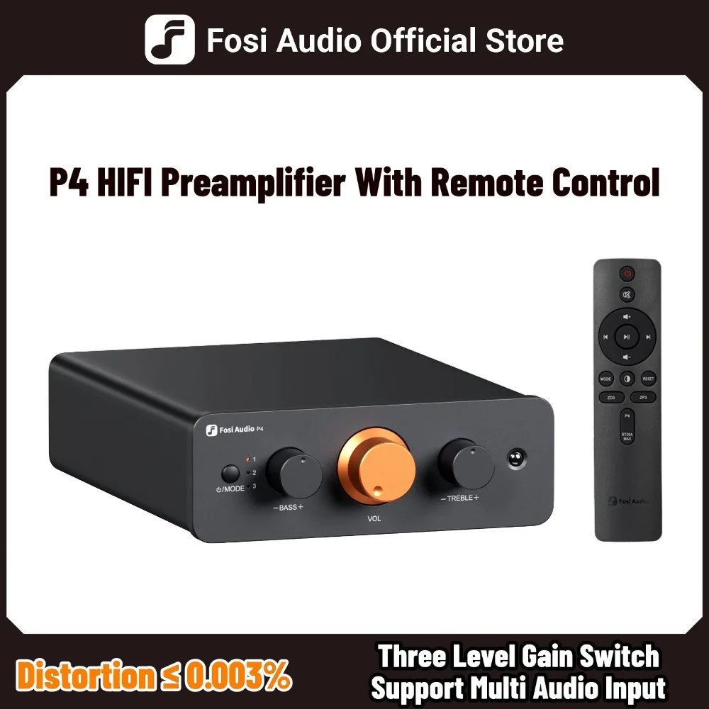 Fosi Audio P4 HiFi プリアンプ: 3 RCA 入力、EQ/バイパス、交換可能な