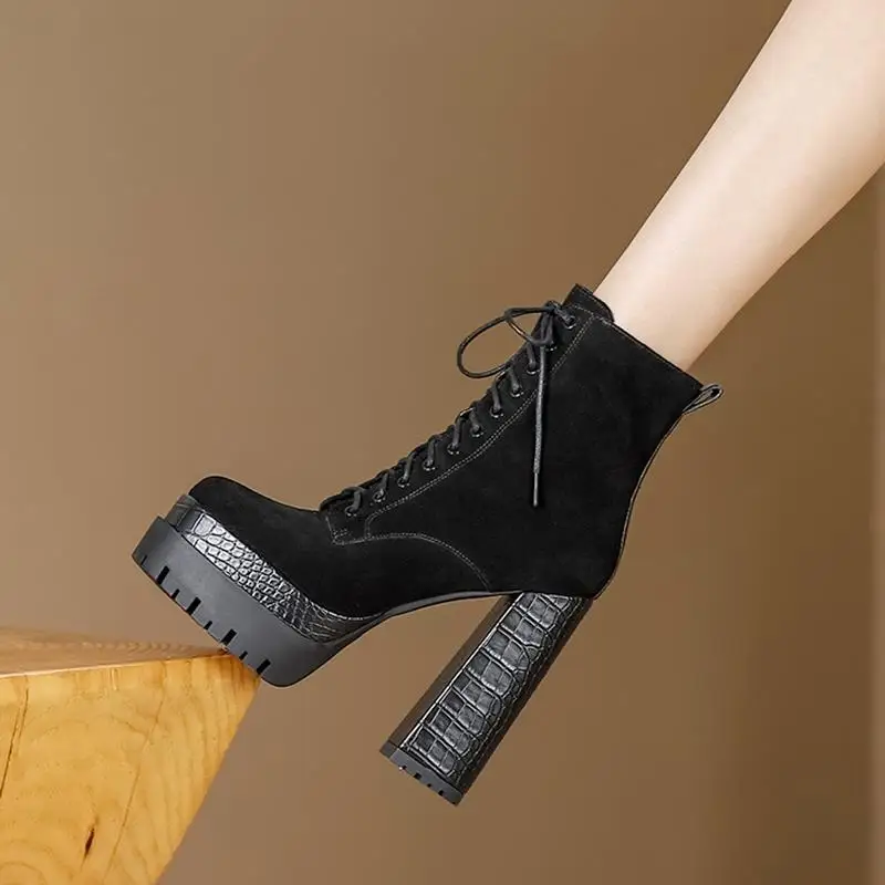 

Size34-42 Square Toe Suede Genuine Leather Super High Heel Women Boots Waterproof Thick Bottom Winter Fashion Ankle Boots Shoes