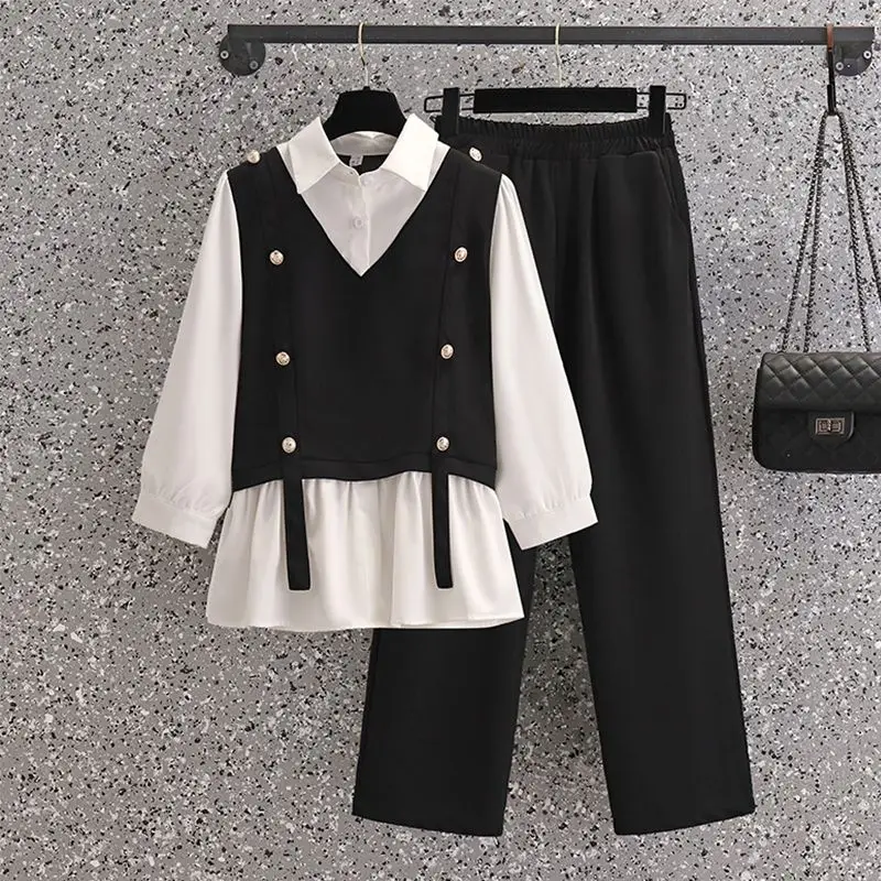 Button Decoration Striped Patchwork Chiffon Shirt Casual Wide Leg Pants Two-piece Elegant Women's Pants Set Office Outfits
