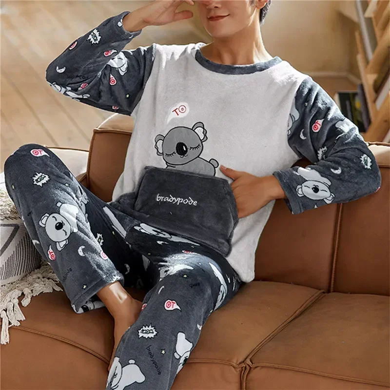 

Мужская пижама, длинная Милая фланелевая зимняя одежда для сна с мультяшным рисунком, 2022 комплектов, Толстая теплая Домашняя одежда, коралловый бархат, новый костюм