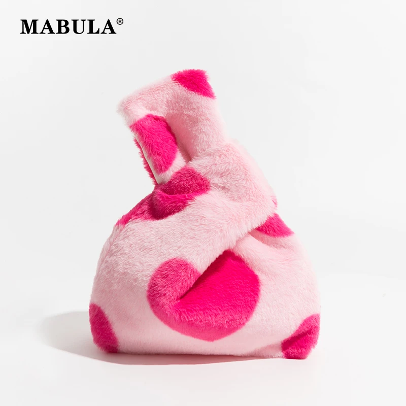 

MABULA Animal Pattern Women Faux Fur Knot Purse 2023 Japanese Simple Fashion Wrist Bag Small Plush Cute Cartoon Key Pouch