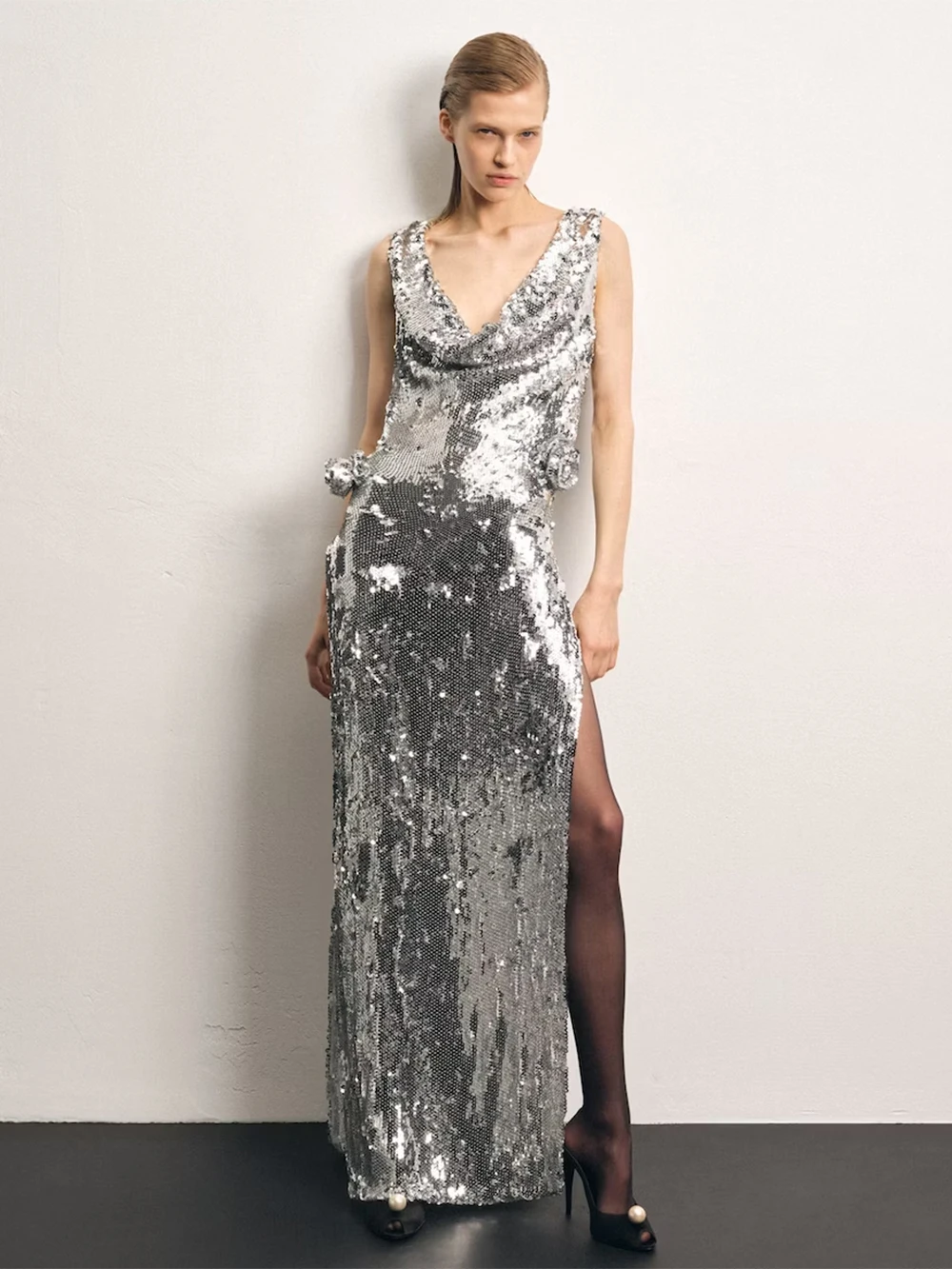 

2023 Sexy Women's Silver Sequin Sleeveless V-neck Backless Split Flower Long Maxi Bodycon Celebrity Club Evening Fashion Dress