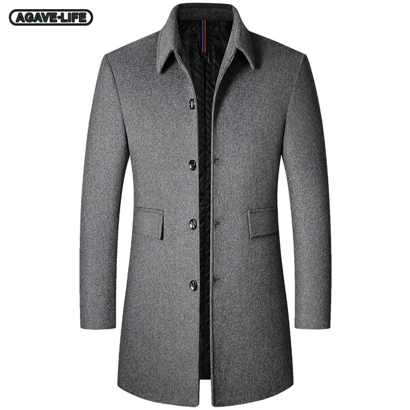 

Autumn Winter Men's Single Breasted Woolen Coat Men Medium-length Smooth Lapel Woolen Windbreakers Middle-aged Men Thicke Jacket