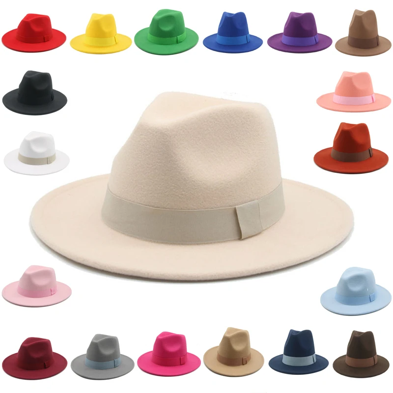 Autumn Winter Men Women Formal Fedora Classic Beige Cap Gentlemen Woolen Jazz Wedding Church Bowler Felt Large Eaves Hat wool hat,fedora hat,fashion hat