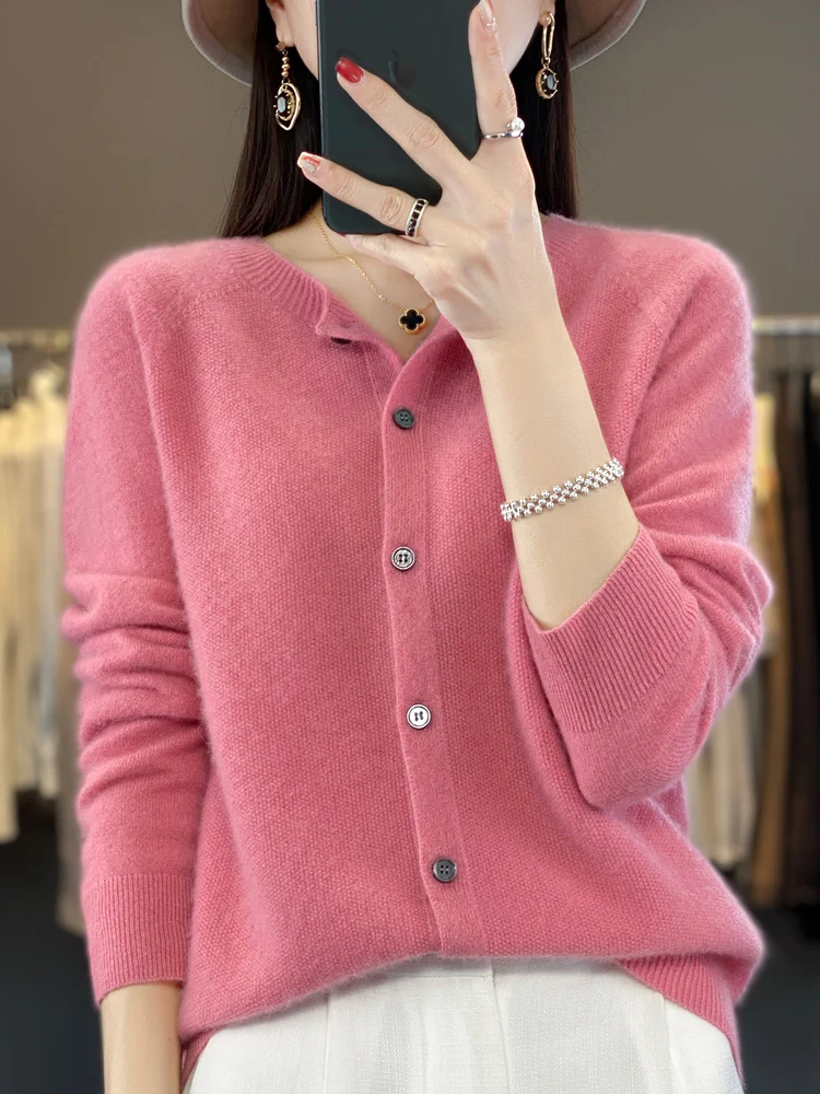 여성용 메리노 울 스웨터, O넥 버튼 카디건, 긴팔 니트웨어, 용수철, 가을, 겨..