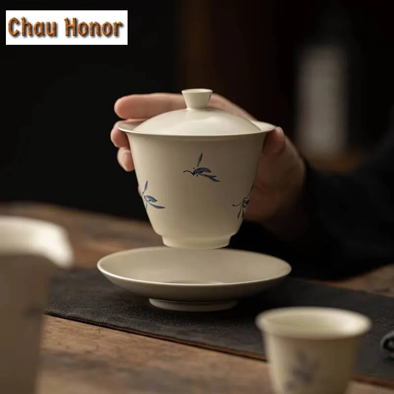150ml  Hand-painted Butterfly Orchid Gaiwan Retro Grass Wood Gray Tea Tureen Tea Brewing Cover Bowl Tea Services Supplies Gift