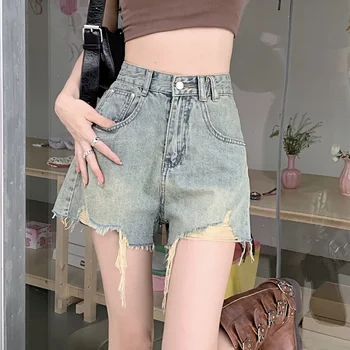 느슨한 얇은 청바지 여성 옷 작은 여름 2023 새로운 높은 허리는 단어 넓은 다리 반바지 핫 팬츠를 찢었습니다.