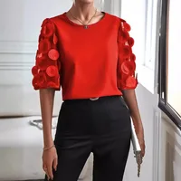 Été et automne à la mode couleur unie dentelle à manches longues col rond hauts chemisier chemise pour les femmes 3
