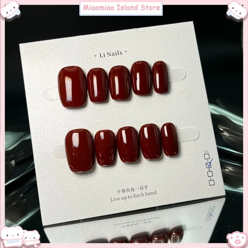 Luxurious Wine Red Cherry Handmade Wearable Nails - High Quality Monochromatic Elegance