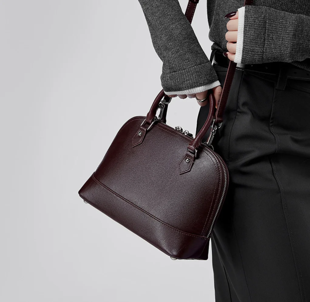 New Boston Bowling Handbag Single shoulder slant bag vintage casual Shell women's bag genuine Leather shopping hobo