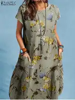 ZANZEA Women Summer Dress Bohemian Floral Print Vestido O-Neck Short Sleeve Pockets Sundress Fashion Casual Elegant Holiday Robe - Image 2