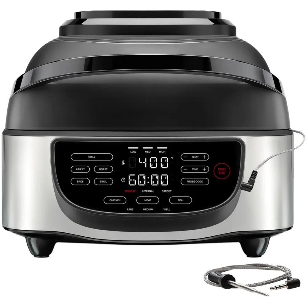 smokeless deep fryer cyclonic air technology 5 in 1 grill crisp bake roast dehydrate 5-in-1 Air Fryer + Indoor Grill with Cooking Thermometer, Air Fry, Grill, Roast, Bake, Broil