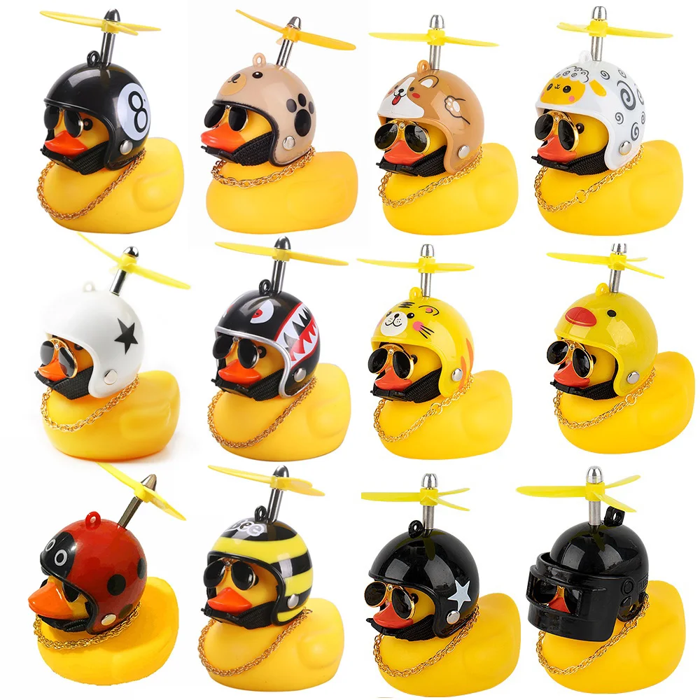Rubber Duck Toy Motorcycle Bicycle Car Ornaments Yellow Duck Car Dashboard Decorations Cool Glasses Duck with Propeller Helmet