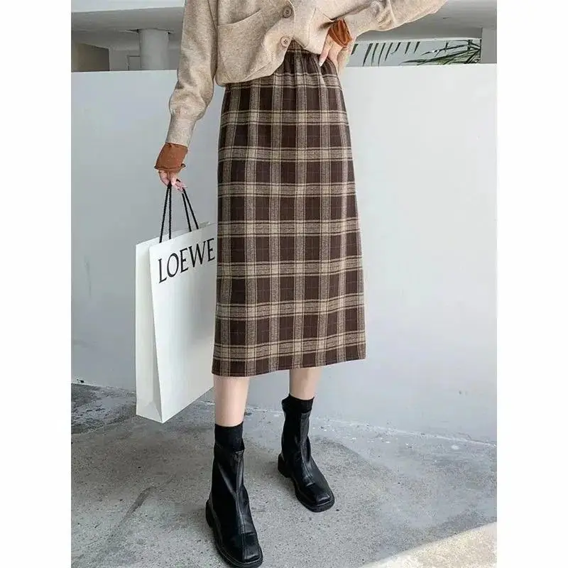 

Woman High Waist Woolen Plaid Print Skirts Female Autumn Wool Maxi Fashion Casual Long Streetwear A-line Skirt G787
