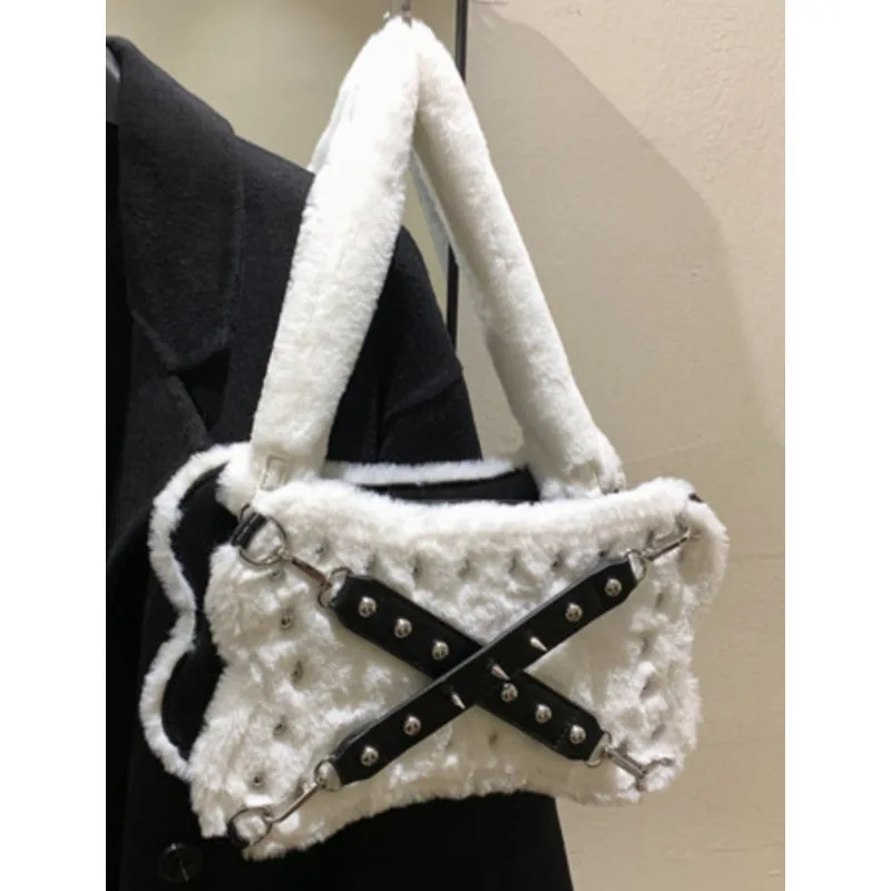 Bag Rivet Handbags Plush Shoulder For Women Style Handheld Crossbody High-Quality Messenger Versatile Luxury Casual Female Y2k