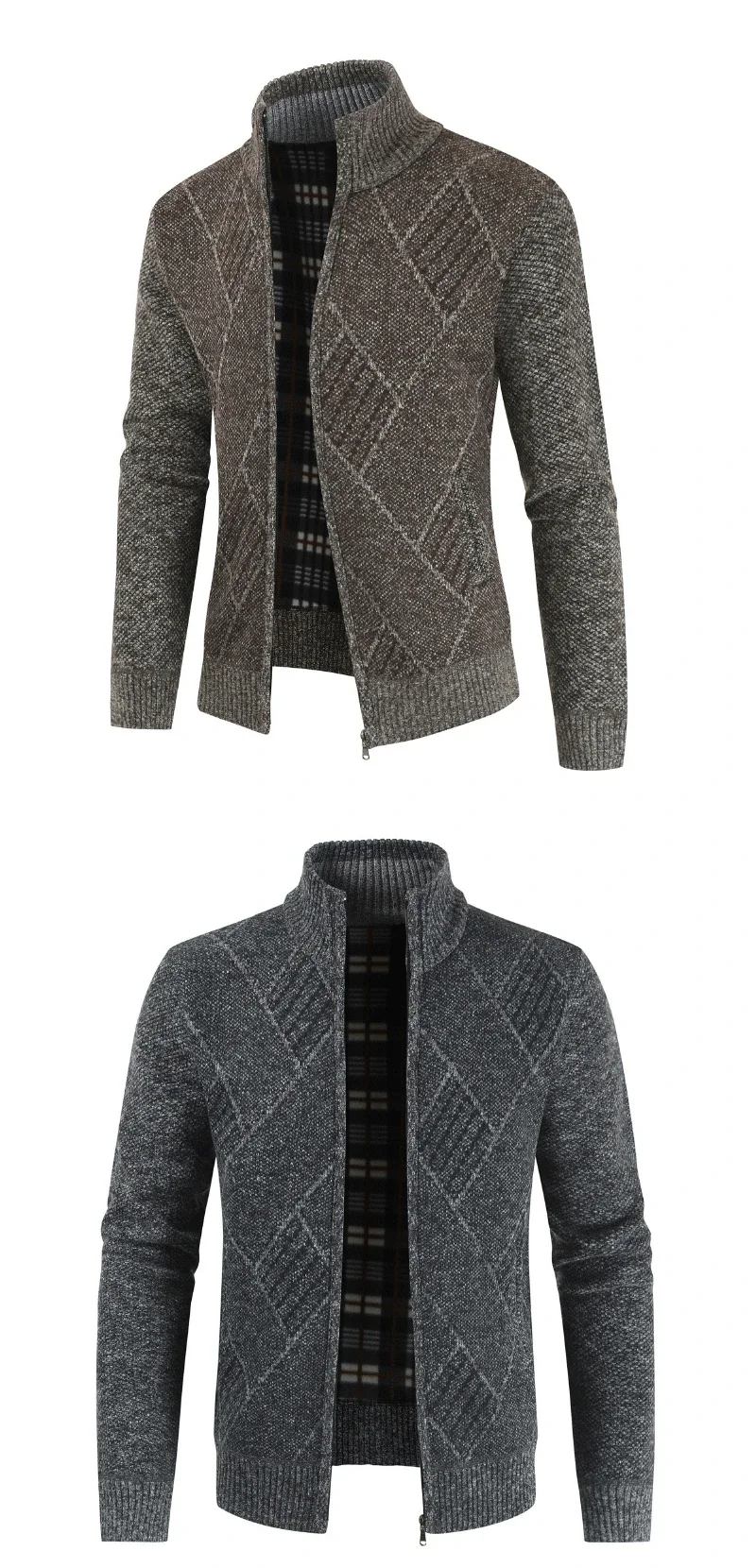 Description Picture 5 of item2023 New Men's Sweater Youth Fashion Trend Zipper Cardigan Stand Up Collar Plaid Casual Sweater Coat