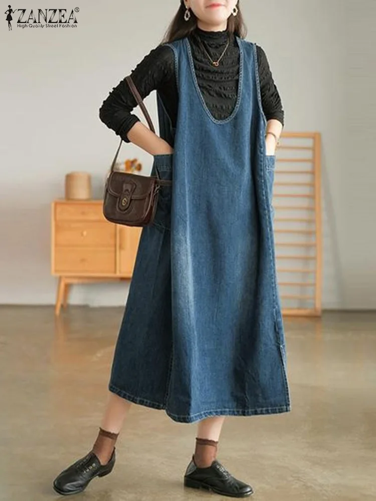 

ZANZEA 2023 Winter Apron Dress Casual Loose Women Solid Dress Vintage Sleeveless Denim Dress Holiday Oversize U-neck Long Robe