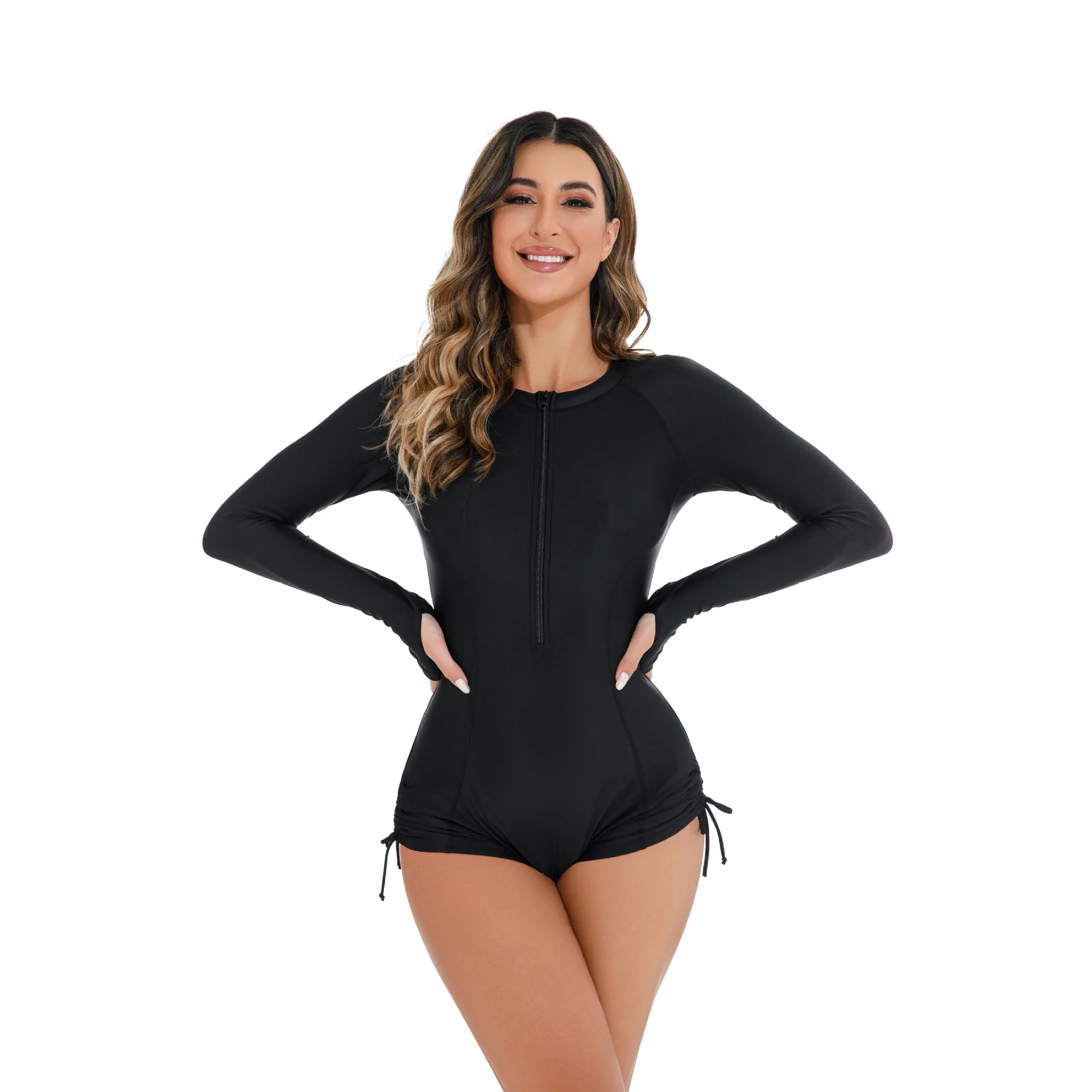 One Piece Swimsuit Women's Sports Long Sleeved Zippered Swimsuit Sun Protection Surfing Suit Solid Color