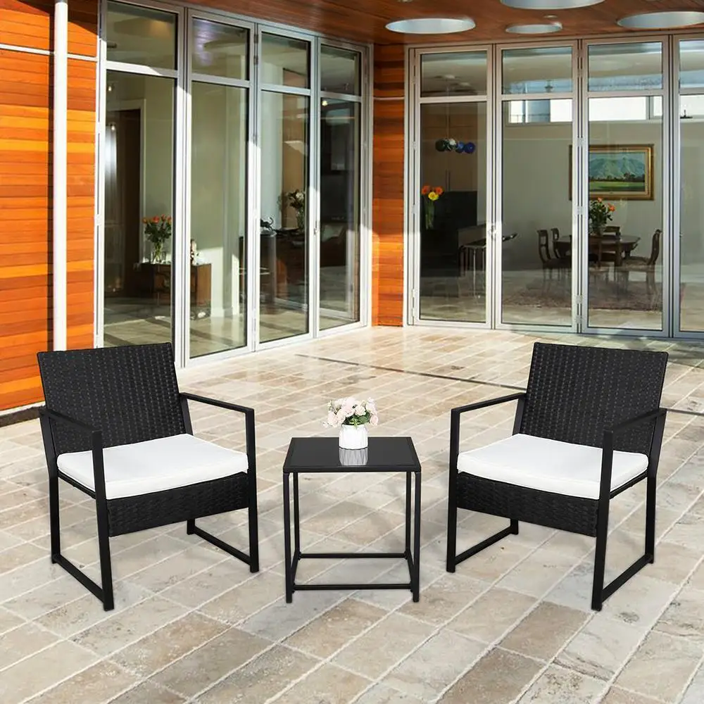 3pcs Outdoor Patio Bistro Set PE Rattan Wicker Furniture Conversation w/ Cushion Modern Porch Lawn Chairs for Home and Balcony