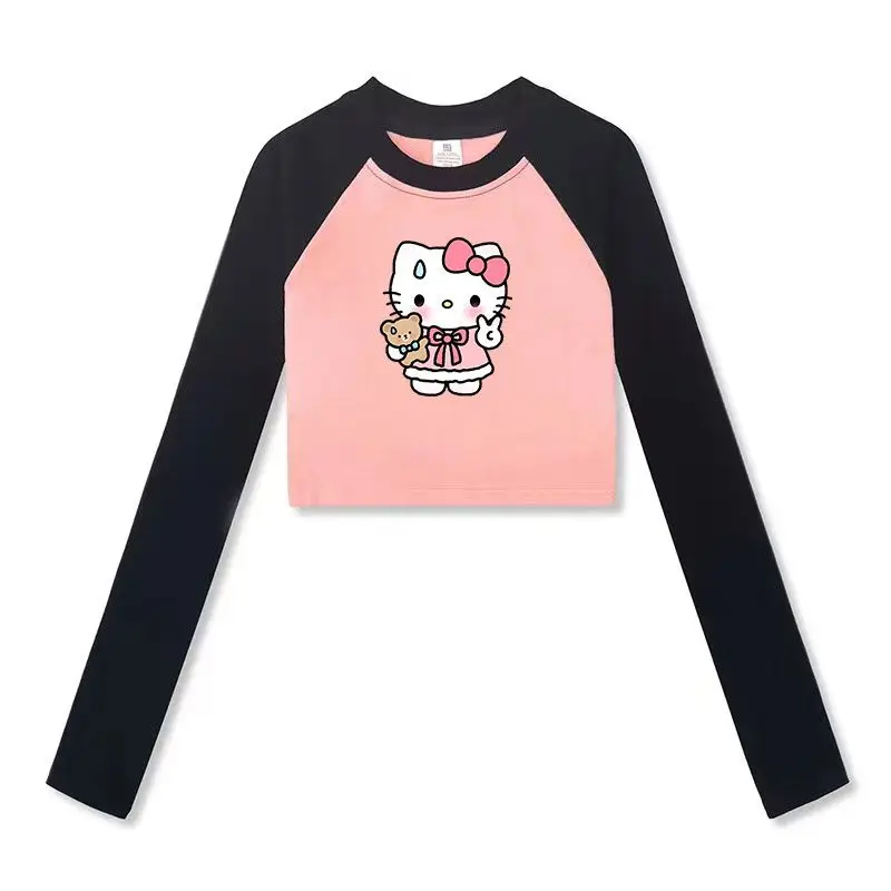 

Sanrio Anime Hello Kitty Raglan Short Long Sleeve Sweet Cool Style Girl T-shirt Cartoon Cute Slim Fit Cotton Bottom Shirt Cotton