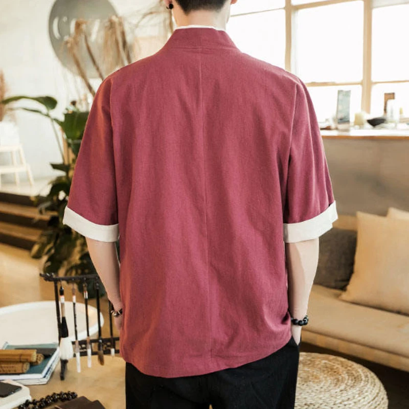 Men's Casual Blouse Cotton Linen Shirt Loose Tops Short Sleeve Chinese Clothing Handsome Men's Open Front Hanfu Coat Men Chinese Shirt