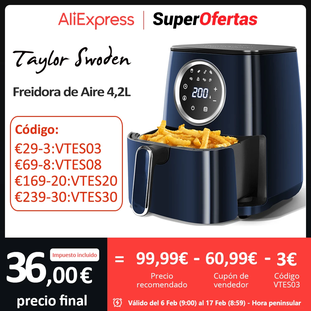 Freidora Sin Aceite, 8 Menús Prestablecidos y Modo Manual, 1400W, Panel LED Táctil, Air Fryer de 4,2 Litros de Capacidad, Cesta Antiadherente, Libre de BPA, Color Azul