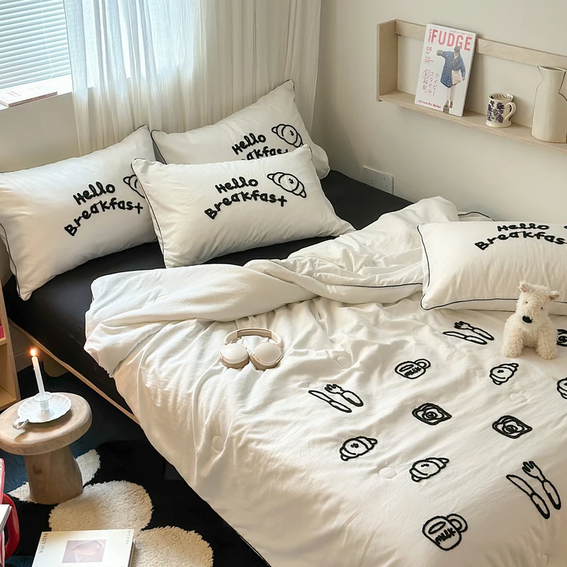 1pc Embroidery Throw Quilt White and Black Bedding Soft INS Home Adult Kids Patchwork Soft Summer Thin Comforter Duvet 150*200cm