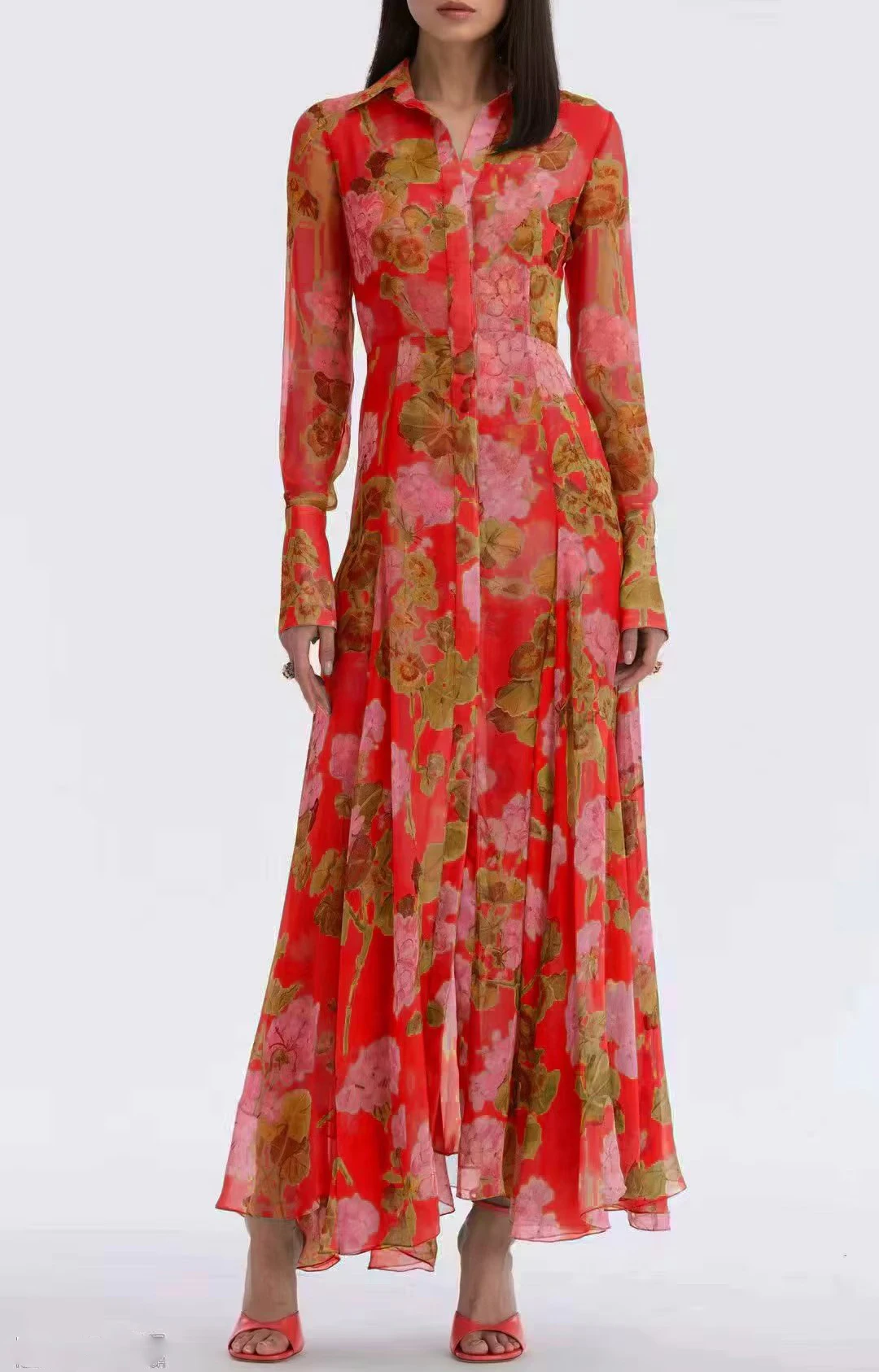 

Leisure Fashion Holiday Fall 2023 Ladies Lapel Long Sleeve Floral Print Single-Breasted Dress