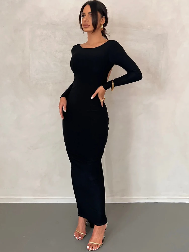 Sexy Backless Ruched Maxi Dress Women White Long Sleeve Evening Dresses Female Autumn Skinny Elegant Party Clubwear 2025