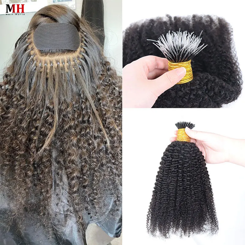Kinky Curly F Tip Plastic Nano Fearther Microlink Virgin Brazilian Human Hair Extensions Bulk For Black Women 1g/strand