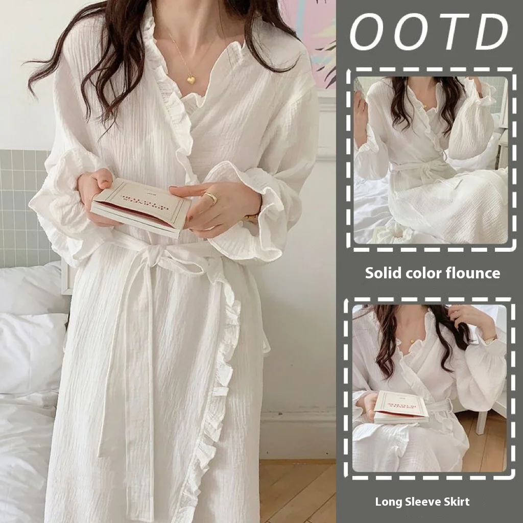Women's Spring and Summer New Simple Long-Sleeved Robe Girls Sweet Ins Wind Ruffled Thin Section of Solid Color Pajamas Home Wea 1