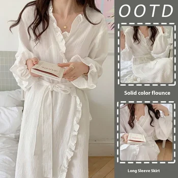 Women's Spring and Summer New Simple Long-Sleeved Robe Girls Sweet Ins Wind Ruffled Thin Section of Solid Color Pajamas Home Wea 1